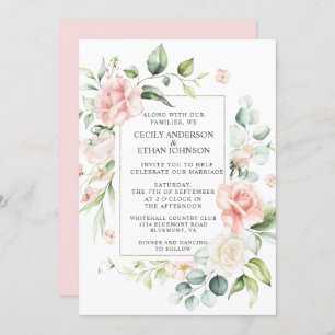 Pink Roses and Eucalyptus Frame Pink Back Wedding Invitation