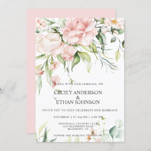 Pink Roses and Eucalyptus Pink Back Wedding Invitation