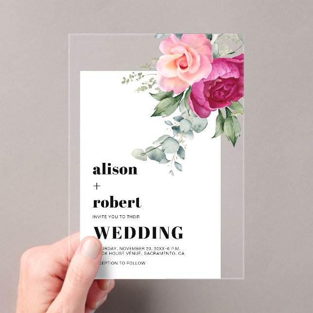 Pink roses and eucalyptus white frame wedding acrylic invitations (Insitu (Handheld))