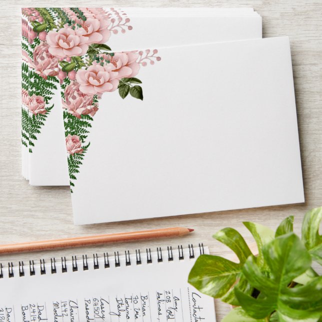 Pink Roses and Ferns Wedding Envelope (Stacked)