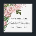 Pink Roses and Ferns Wedding Save the Date Magnet<br><div class="desc">This pretty save the date magnet features a lovely floral design featuring a bunch of pink roses in the left corner, contrasted by green rose petals and leaves and large fern leaves. The details can be easily customized as needed. This pink save the date keepsake is part of a larger...</div>
