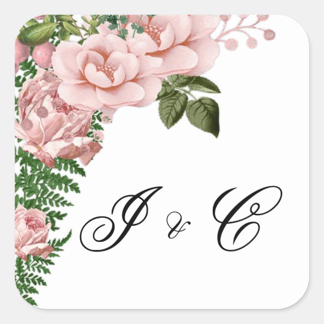 Pink Roses and Ferns Wedding Square Sticker (Front)