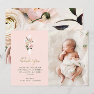 Pink Roses and Ferns with Photo   Gold Baptism Thank You Card
