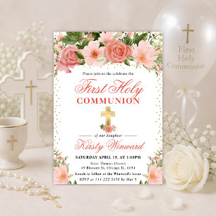 Pink Roses and Flowers First Holy Communion Invitation