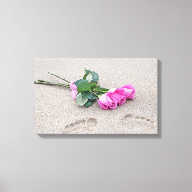 pink roses and footprints in sand canvas print (Front)