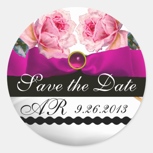 PINK ROSES AND FUCHSIA RIBBON MONOGRAM Gemstone Classic Round Sticker (Front)