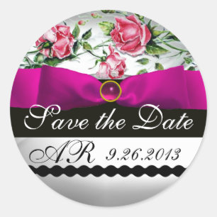 PINK ROSES AND FUCHSIA RIBBON MONOGRAM Gemstone Classic Round Sticker