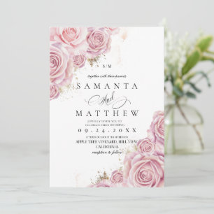 Pink Roses and Gold Dusty Elegant Flower Wedding Invitation