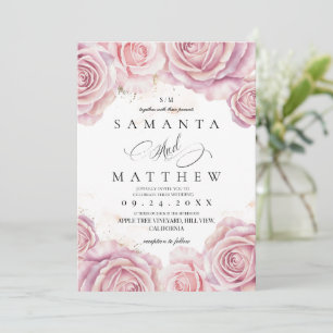 Pink Roses and Gold Dusty Elegant Flower Wedding Invitation