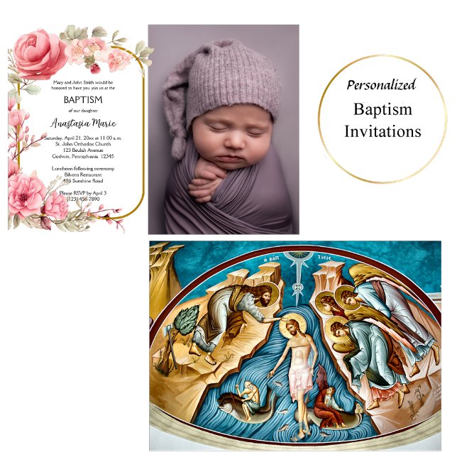 Pink Roses and Gold Frame Orthodox Baptism Invitation (Creator Uploaded)