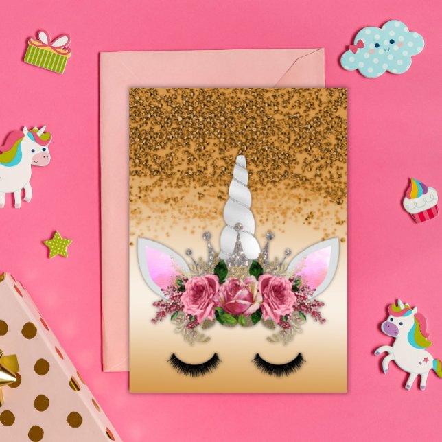 Pink Roses and Gold Glitter Unicorn Card (Creator Uploaded)