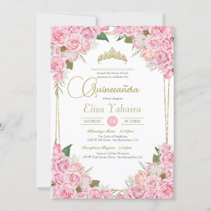 Pink Roses and Gold Tiara Floral Quinceanera  Invitation