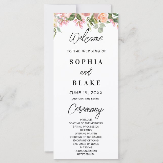 Pink Roses and Green Greenery Wedding Program (Front)