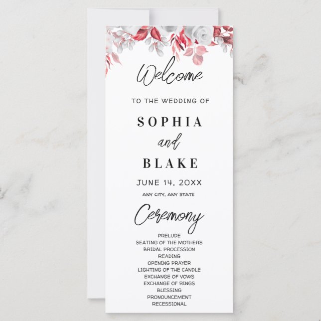 Pink Roses and Green Greenery Wedding Program (Front)