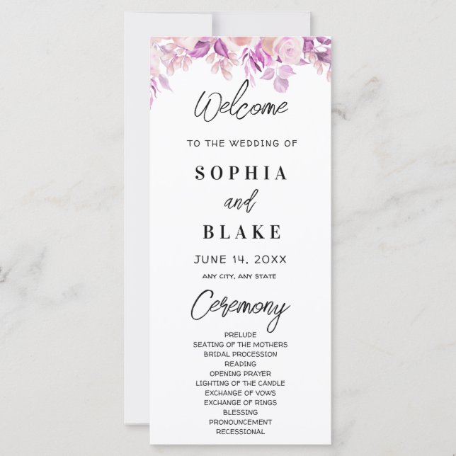 Pink Roses and Green Greenery Wedding Program (Front)