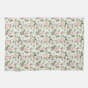 Pink Roses and Green Leaves Seamless Kitchen Towel