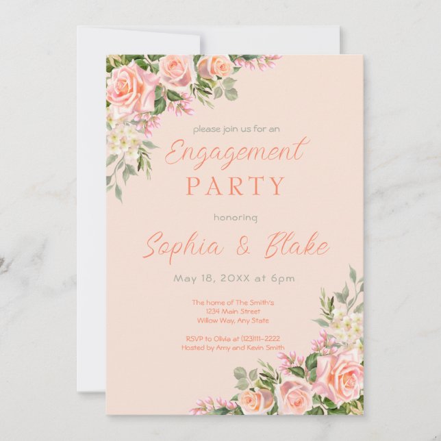 Pink Roses and Greenery | Peach Engagement Party Invitation (Front)