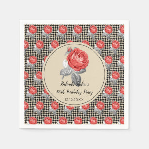 Pink roses and houndstooth design Birthday Party Napkin