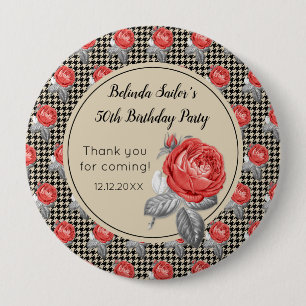 Pink roses and houndstooth Happy Birthday 4 Inch Round Button
