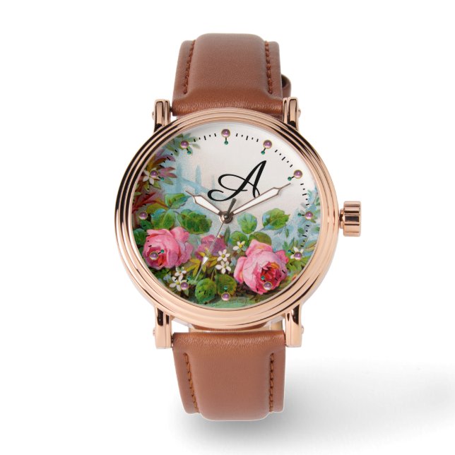 PINK ROSES AND JASMINES,FLORAL MONOGRAM WATCH (Front)