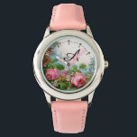 PINK ROSES AND JASMINES,FLORAL MONOGRAM WATCH<br><div class="desc">Elegant , colourful, romantic vintage style floral design
Red, pink roses, green leaves, white jasmines by BALDESIGN3D.</div>