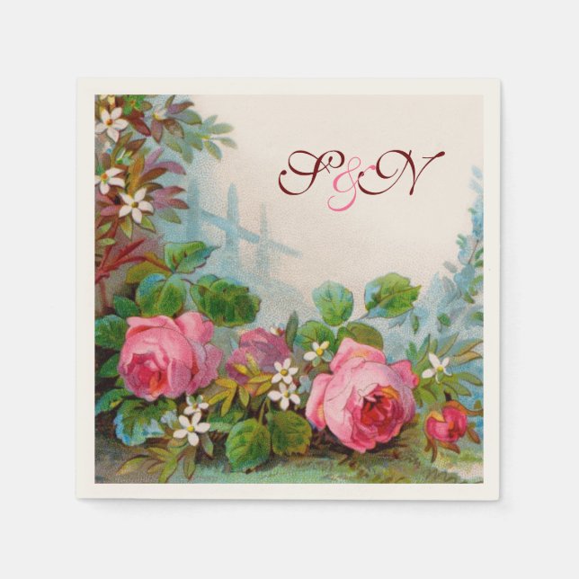 PINK ROSES AND JASMINES FLORAL WEDDING MONOGRAM NAPKIN (Front)