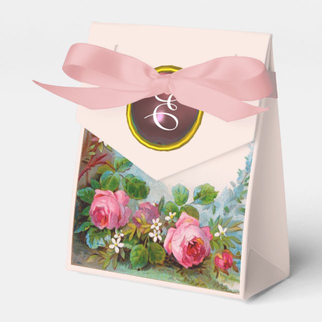 PINK ROSES AND JASMINES GEM STONE WEDDING MONOGRAM FAVOR BOX (Front Side)