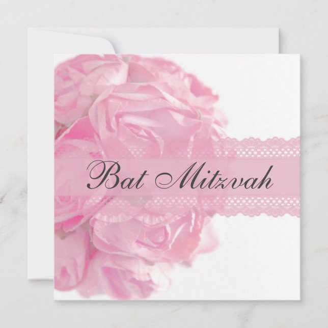 Pink Roses and Lace Bat Mitzvah Invitation (Front)
