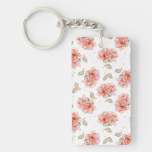 Pink Roses and Leaves Keychain