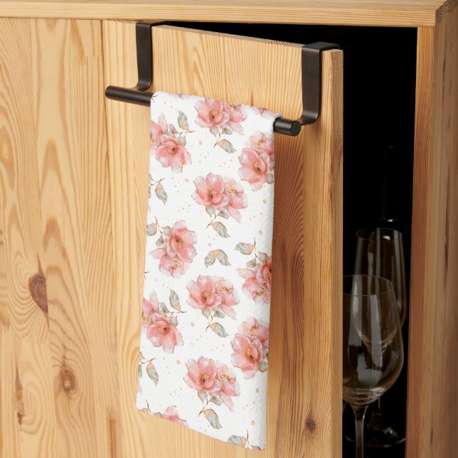Pink Roses and Leaves Kitchen Towel (Thirds Fold)