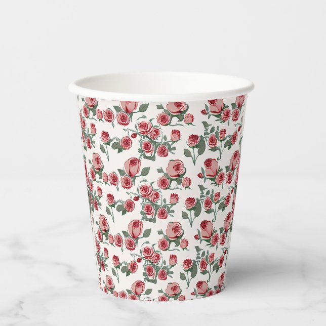 Pink Roses and Leaves Pattern Paper Cups (Front)