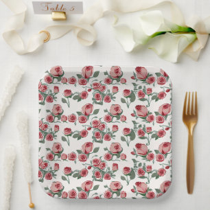 Pink Roses and Leaves Pattern Paper Plate