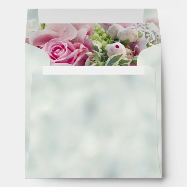 Pink Roses and Light Teal Wedding Square Envelope (Back (Bottom))