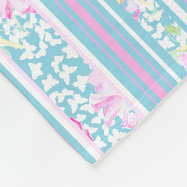 Pink Roses and Matching Stripes Fleece Blanket (Corner)