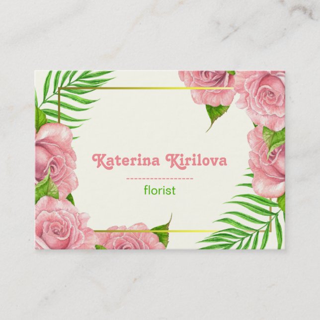 Pink roses and palm leaves business card (Front)