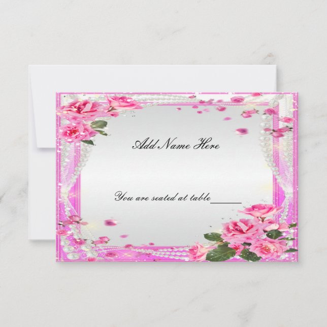 Pink Roses And Pearls Table Place Card (Front)