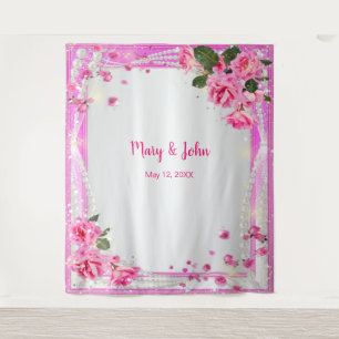 Pink Roses And Pearls Wedding Backdrop Tapestry