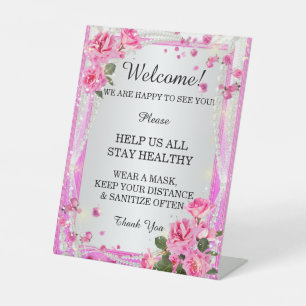 Pink Roses And Pearls Wedding Safety Pedestal Sign