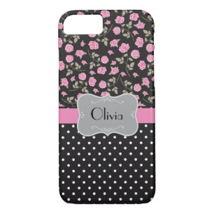 Pink Roses and Polka Dots on Black - Case-Mate iPhone Case