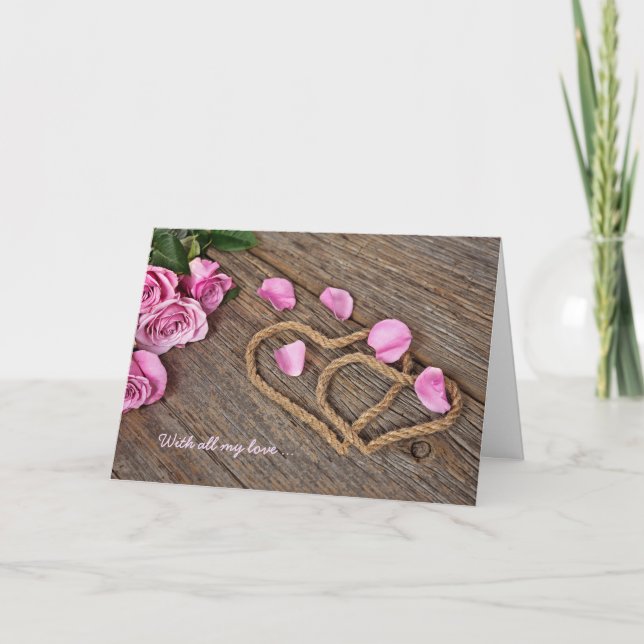 Pink roses and rope hearts holiday card (Front)