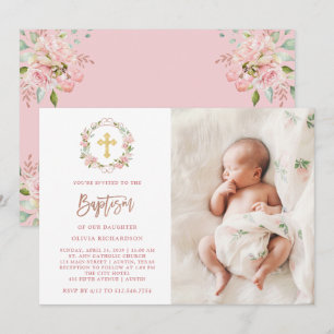 Pink Roses and Rose Gold Script   Photo Baptism Invitation