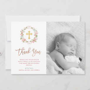 Pink Roses and Rose Gold Script   Photo Baptism Thank You Card