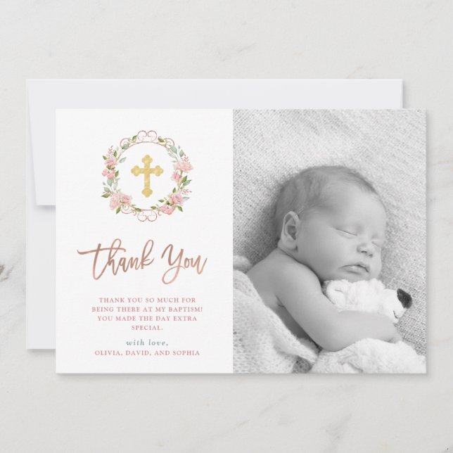 Pink Roses and Rose Gold Script | Photo Baptism Thank You Card (Front)
