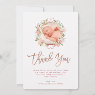 Pink Roses and Rose Gold Script   Photo Baptism Thank You Card