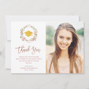 Pink Roses and Rose Gold Script   Photo Graduation Thank You Card