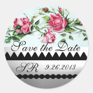 PINK ROSES AND ROSEBUDS Save The Date Monogram Classic Round Sticker