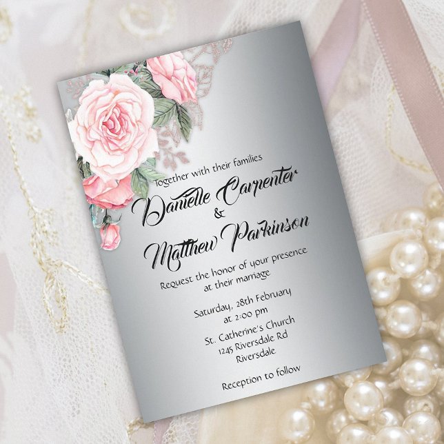 Pink Roses and Silver Wedding Invitation (Creator Uploaded)