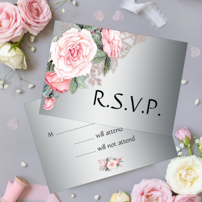 Pink Roses and Silver Wedding RSVP Card (Creator Uploaded)