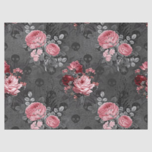 Pink Roses and Skulls on Grey Decoupage Tissue Paper