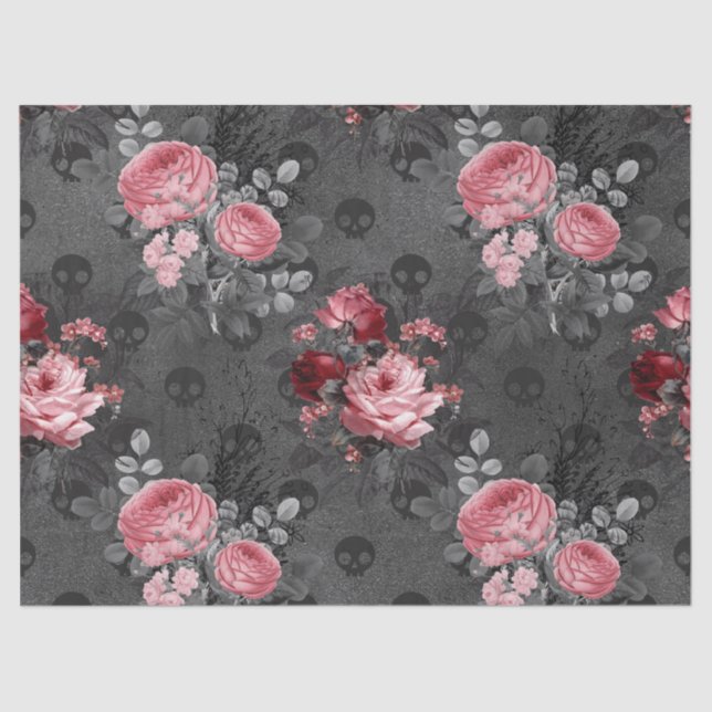 Pink Roses and Skulls on Grey Decoupage Tissue Paper (Front)